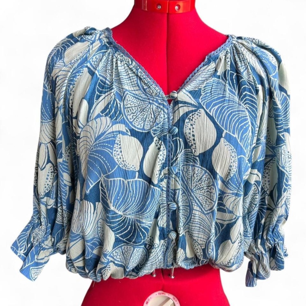 Angie Blue & White Citrus Tropical Boho Button Front Top Cropped Small Lace Trim